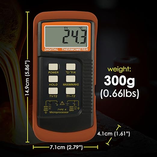 K Type Thermocouple Thermometer (-50~1300°C), Dual Channels Digital Thermometer with 2 Temperature Clamp 2 Wired Thermocouple Probes, High Accuracy Temperature Kelvin Scale Meter Tester