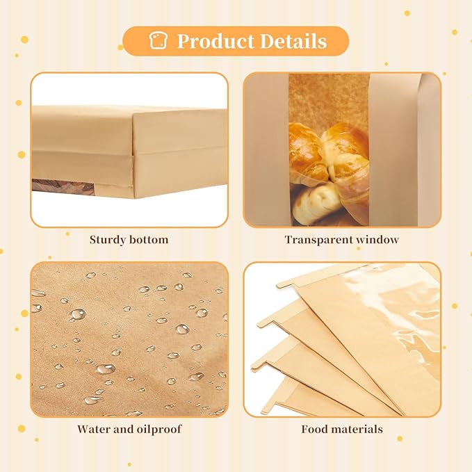 30 Pack Kraft Paper Bread Loaf Bags with Tin Tie Tab Lock, for Homemade Bread Loaf Bags 14" x 8.3" x 3.5", Sourdough Bread Bags with Clear Front Window for Baked Food Storage (30 Pack) | 30 Pack Bread Bags, Clear Front Window, 14" x 8.3" x 3.5", Tin Ti...