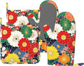 Oven Mitts and Pot Holders Flower Ethnic Art Pattern Silicone Kitchen Accessories Set of 4 Heat Resistant Long Gloves Potholder Non-Slip Grip for Chef Cooking Baking Grilling BBQ