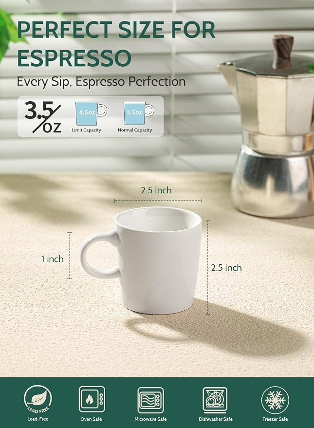 Sweese 3.5oz Porcelain Espresso Cups Set of 4, Mini Coffee Mugs Demitasse Cups - White
