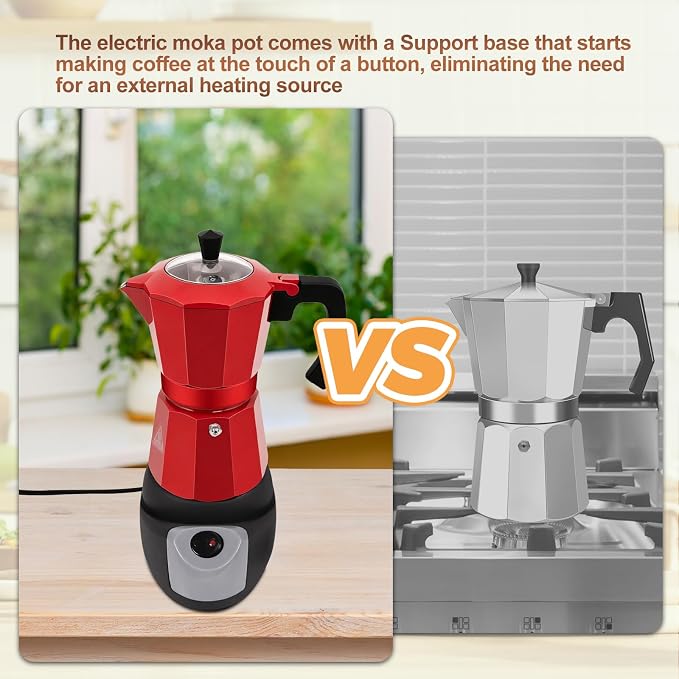 Electric Aluminum Moka Pot 3-6 Cup 150-270ml Espresso Maker with Detachable Base Ideal Coffee Makers for Home MochaPot Italian and Cuban Café Coffeemaker Espressomaker CoffeePot Red