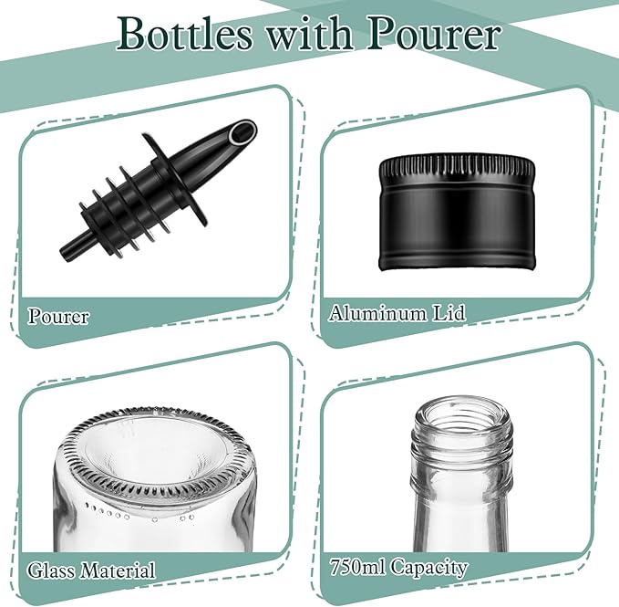 Maxdot 10 Pcs Glass Bottles with Pourer 750ml Long Neck Bordeaux Wine Bottle Clear Empty Wine Syrup Juice for Home Bar Liquor Juice Making Wedding Anniversary Party(Black)
