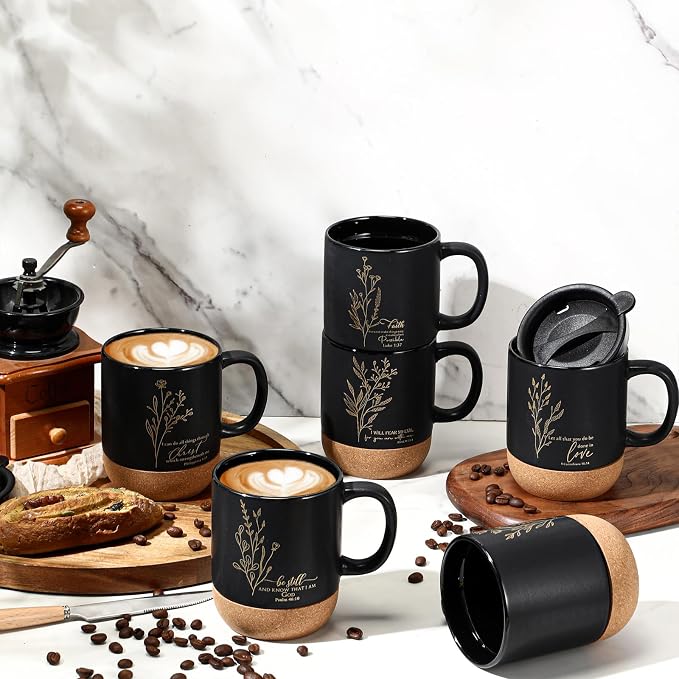 FillTouch 12 Pcs Christian Mug Gifts Bulk 15oz Religious Cup Cork Bottom Coffee Mug with Verse Inspirational Gift for Women Men Pastor Church Group Bible Study Member(Black,Flower)
