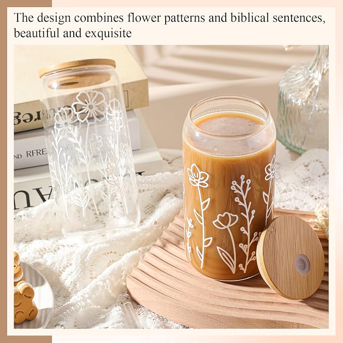 Mumufy 2 Pack Glass Cups Gift Aesthetic Cute Glass Cup Tumbler Flower Iced Coffee Mugs 16 oz with Bamboo Lid & Straw, for Wedding Birthday Bridesmaid Mom Baby Shower