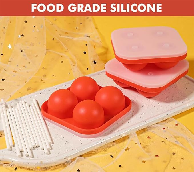 Webake Lollipop Molds Set of 3, Silicone Sphere Hard Candy Sucker Molds with 100 Paper Lollipop Sticks, Round 3D Candy Ice Chocolate Cake Pop Molds with Lids