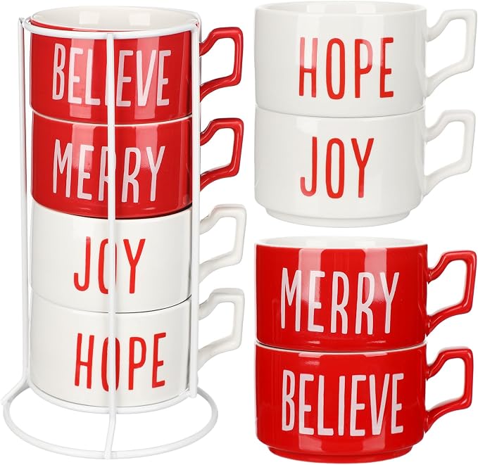 Sliner Set of 4 10 oz Christmas Stackable Large Coffee Mugs with Rack Porcelain Coffee Cups Ceramic Coffee Cup Set with Metal Stand Christmas Theme Coffee Mug for Espresso Tea Cocoa, Red White