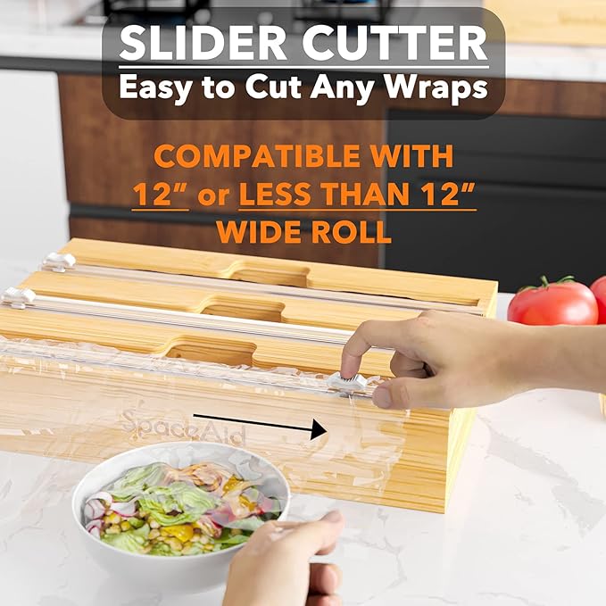 SpaceAid WrapNeat 3 in 1 Wrap Organizer with Cutter and Labels, Plastic Wrap, Aluminum Foil and Wax Bamboo Dispenser for Kitchen Storage Organization Holder for 12" Roll (Natural, 3-Slot)