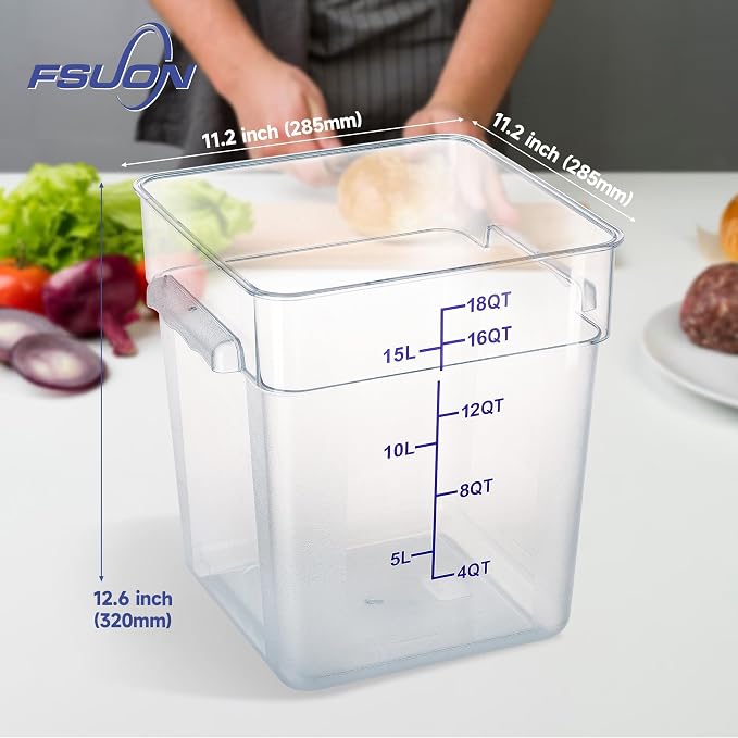 4 Pack 18 Qt Square Polycarbonate Food Storage Containers with Lids | Clear BPA-free PC with lids, side handles, measurement scale and stackable design; for food prep, storage and freezer use.