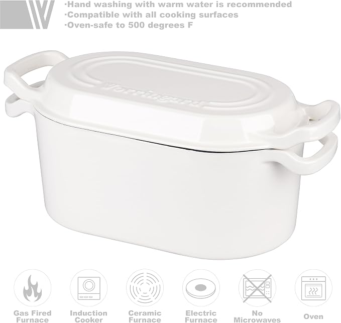 VORRINGARD Oval Dutch Oven Pot with Lid, Enamel Coating Cast Iron Bread Pans for Homemade Sourdough Bread Baking, Cooking, 4 Quart, White