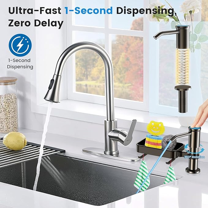 Soap Dispenser for Kitchen Sink, Built in Sink Soap Dispenser with Sponge Rack, Countertop Soap Dispenser Pump with Extension Tube kit, No More Refills,All Metal NO ABS (Grey)