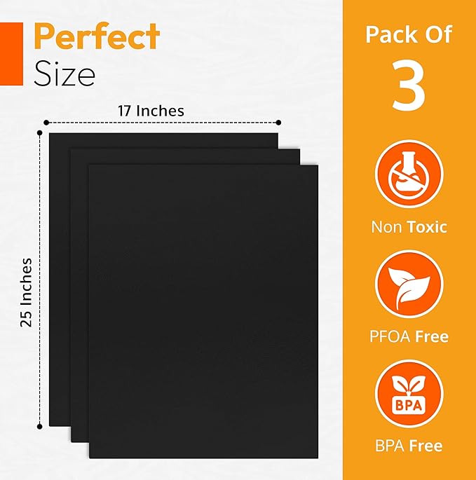 3 Pack Oven Liners for Bottom of Oven, 17"x25" Large Heavy Duty Non-Stick Teflon Mat, Resistant 500°F, BPA & PFOA Free, Reusable for Electric Gas Toaster Microwave Ovens & Grills, Spill Guard