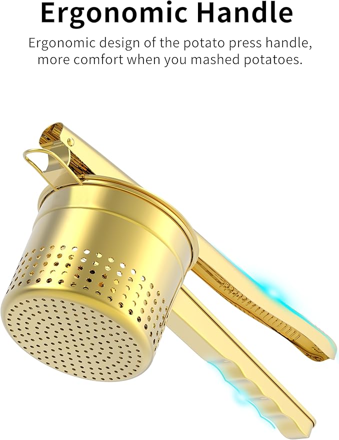 GloTika Large 15oz Potato Ricer Masher, Heavy Duty Stainless Steel Potato Masher with Ergonomic Handle, Masher and Ricer Kitchen Tool for Mashed Potatoes, Noodle Maker, Gold