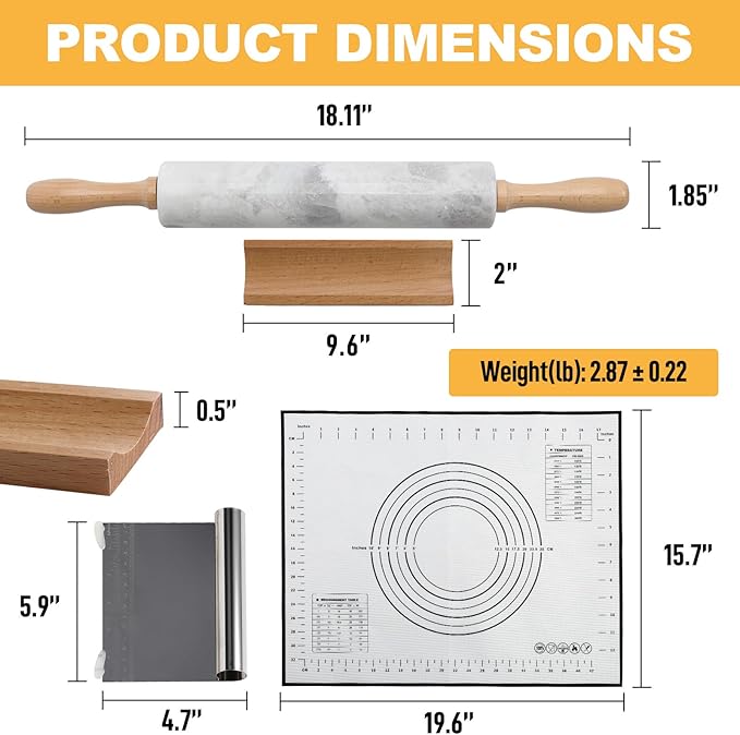 Koville African Natural Marble Rolling Pin, Non-Stick Polished Dough Roller, Pasta, Dumpling, Fondant, Pie Crust, Bread, Pizza Dough, Kitchen Baking Pastry Tools with Mat/Scraper(Grigio Fantasy)