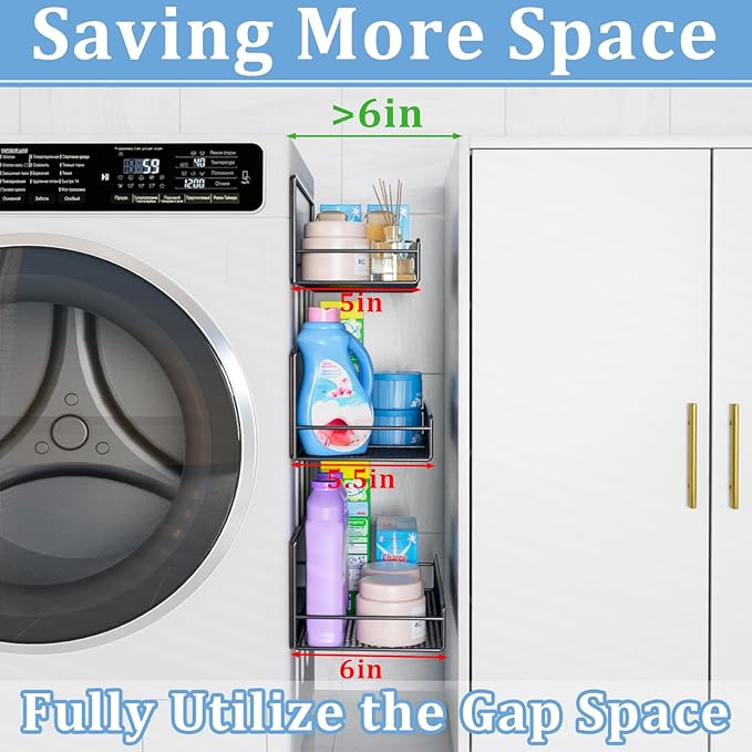 DTUQYX Magnetic Shelf for Washing Machine 4-Pack: Widen Magnetic Laundry Organizer (5"-6") with Hanger Organizer, Strong Magnet, Rust Proof, Heavy Duty Magnetic Spice Rack for Refrigerator (Black)