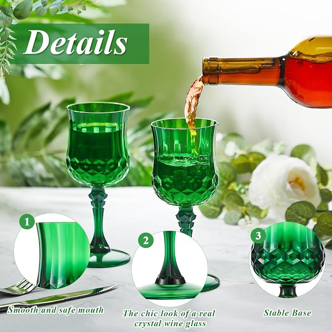 Pinkunn 24 Pcs 7 oz Plastic Vintage Wine Glasses Reusable Colored Goblets Patterned Drinking Water Glasses Cup Dishwasher Safe for Mother's Day Wedding Reception Party Supplies (Green)