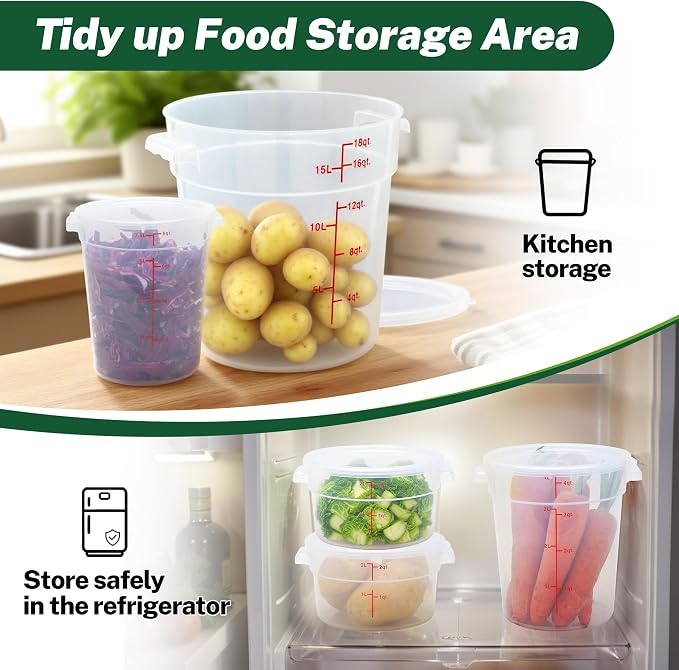 4 Pack 8Qt Round Polypropylene Food Storage Container with Lids Scale | Translucent containers with lids, easy-read scale, labels and measuring cups; stackable for prep, storage and freezer use.