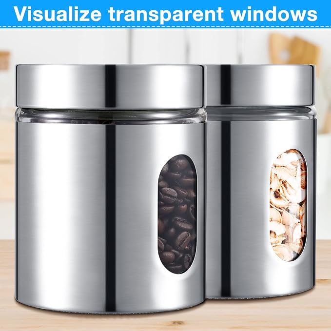 Mimorou 6 Pack Kitchen Canisters Set Airtight Coffee Sugar Tea Candy Storage Jars with Window Glass Stainless Steel Containers with Lids for Flour Cookies Spices Grains Kitchen Decorations(20 oz)