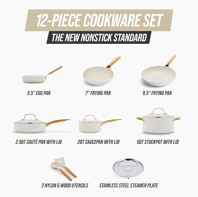 Blue Diamond 12 Piece Nonstick Cookware Set, Diamond Ceramic Pots & Pans, Dishwasher & Metal Utensil Safe, Non Toxic PFAS-Free, Kitchen Cooking Sauce & Saute Pans, Oven & Broiler to 600F, White