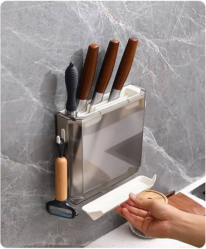 Zerodis Kitchen Knife Holder, Multi Slot Knife Organizer, Plastic Wall Mount, Knife Storage, Easy to Use, Water Tray, Side Hooks, Space Saving, Gray