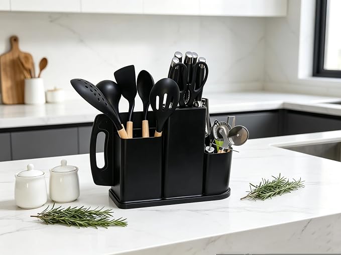 Kitchen Utensils and Knives Set, 20PCS Knife and Cooking Spoon Tools Set with Storage Holder, Sharp Stainless Steel Knife Sets with Bread, Chef Knifee (Black)