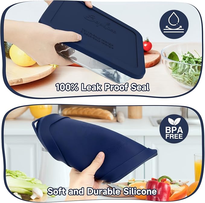 Sophico 3-Pack Silicone Lids for Pyrex Freshlock & SNAPWARE 6/8-Cup Glass Bowls (7211R/8608) - Airtight, Leakproof, Freezer/Dishwasher/Microwave Safe Replacement Rectangle Covers