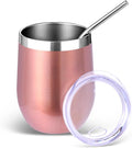 Volhoply 12oz Stainless Steel Wine Tumbler with Lid and Straw,Double Wall Vacuum Insulated Stemless Wine Glasses,Reusable Travel Coffe Mug for Cold Drinks,Tumblers Gifts for Women Men（Rose Gold,1 Set）
