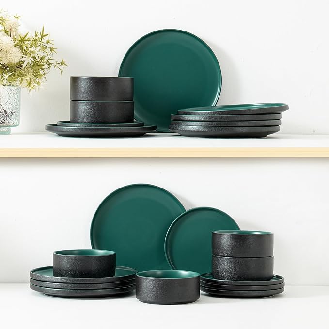 24 Piece Dinnerware Set, Matte Green | Modern Minimalist Stoneware, Plates and Bowls for 8, Dinner Plate, Salad Plate, Cereal Bowl, Microwave and Dishwasher Safe