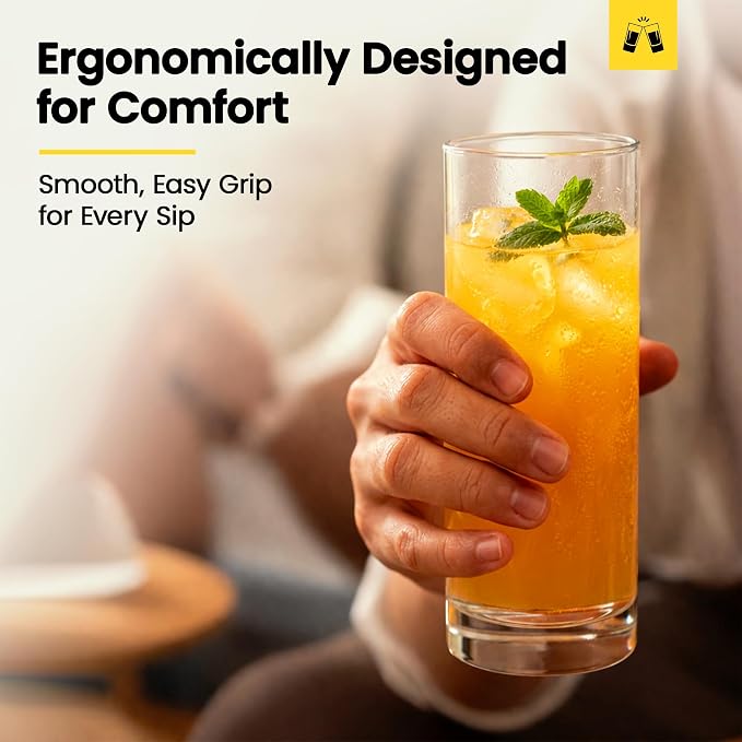 LEMONSODA Highball Glasses Set of 6 | 12oz Lead-Free Glass | Dishwasher Safe Sturdy Base | Clear Crystal Glass Tumblers for Mojito Whiskey Cocktail Bar Glassware Gift Box Included
