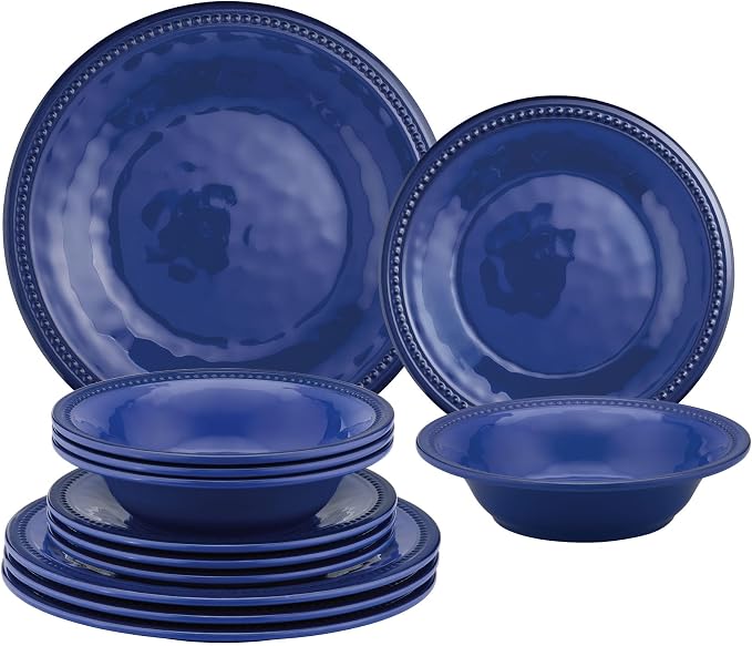 UPware 12 Piece Beaded Melamine Dinnerware Sets, Outdoor Dishes Set, Plates and Bowls Sets, Service for 4, Indigo Blue