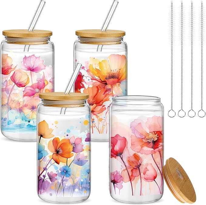 Mumufy 4 Pack Wildflower Glass Cups Gift Aesthetic Cute Glass Cup Tumbler Flower Iced Coffee Mugs 16 oz with Bamboo Lid & Straw, for Wedding Birthday Bridesmaid Mom Baby Shower
