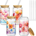 Mumufy 4 Pack Wildflower Glass Cups Gift Aesthetic Cute Glass Cup Tumbler Flower Iced Coffee Mugs 16 oz with Bamboo Lid & Straw, for Wedding Birthday Bridesmaid Mom Baby Shower