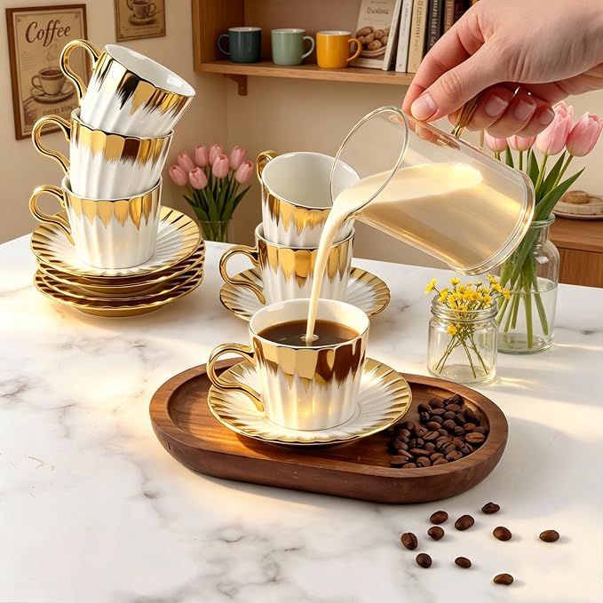 Coffee Cup Set of 6 with Saucers, 3.5 OZ Ceramic Espresso Cups, Deco Golden Turkish Coffee Cup Gift for Cappuccino, Latte, Cafe Mocha and Tea, Dishwasher & Microwave Safe (Gold Trim)
