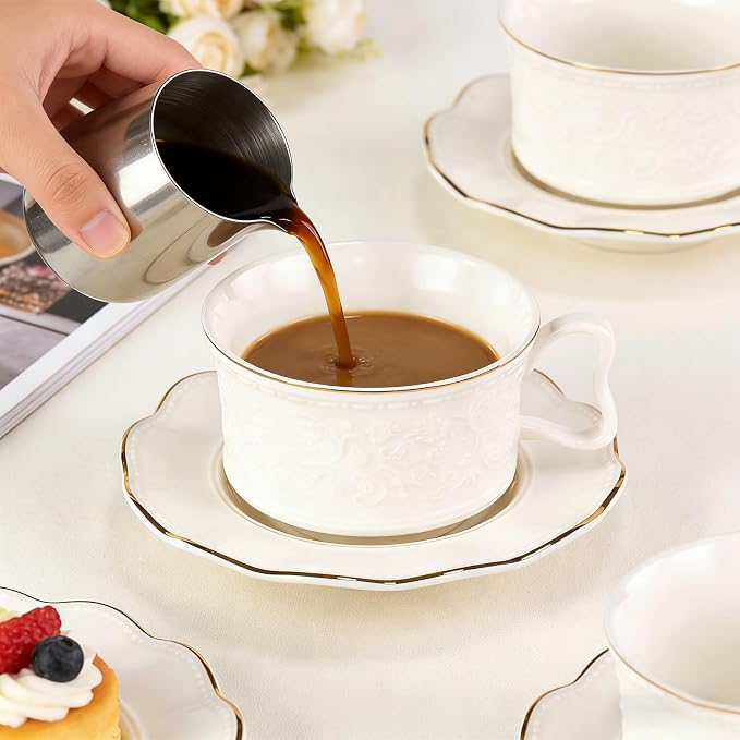 KAMMAK Tea Cups and Saucers Set of 2, Porcelain Coffee Cups with Saucers, Ceramic Espresso Mugs for Coffee, Latte, Americano, Tea, 7.8oz Elegant Teacup and Saucer (YFH3)