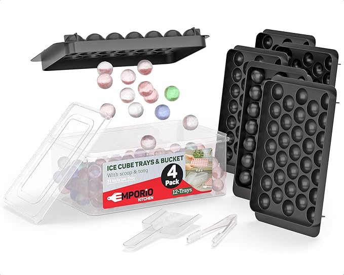 Emporio Kitchen Round Ice Cube Tray Set Pack of 4, BPA-Free Stackable Trays with Lid & Tongs, 33 Ice Balls Per Tray for Whiskey, Drinks, and Cocktails, Quick Release Round Ice Cube Mold, Black