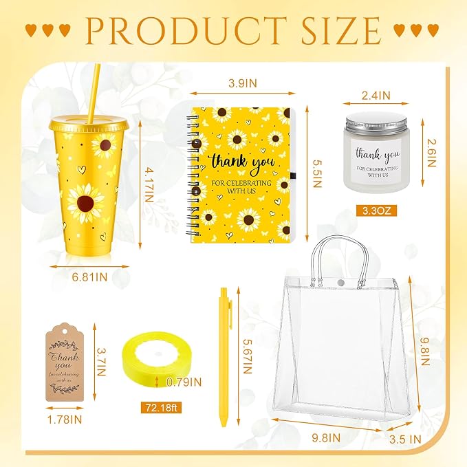 Nuogo 6 Sets New Parent Shower Prizes for Player Winners Adult, Wedding Bridal Shower Gift, Plastic Tumbler Notebook Scented Candle Ballpoint Pen Bag (Yellow Color,Sunflower Style)