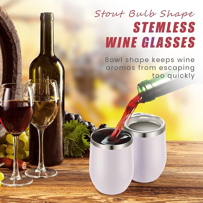 Remagr 6 Pack Stainless Steel Wine Tumblers 12 oz Insulated Vacuum Wine Cup Set Double Wall Stainless Steel Stemless Mug Glasses for Coffee Soda Whiskey Outdoor Travel (White)
