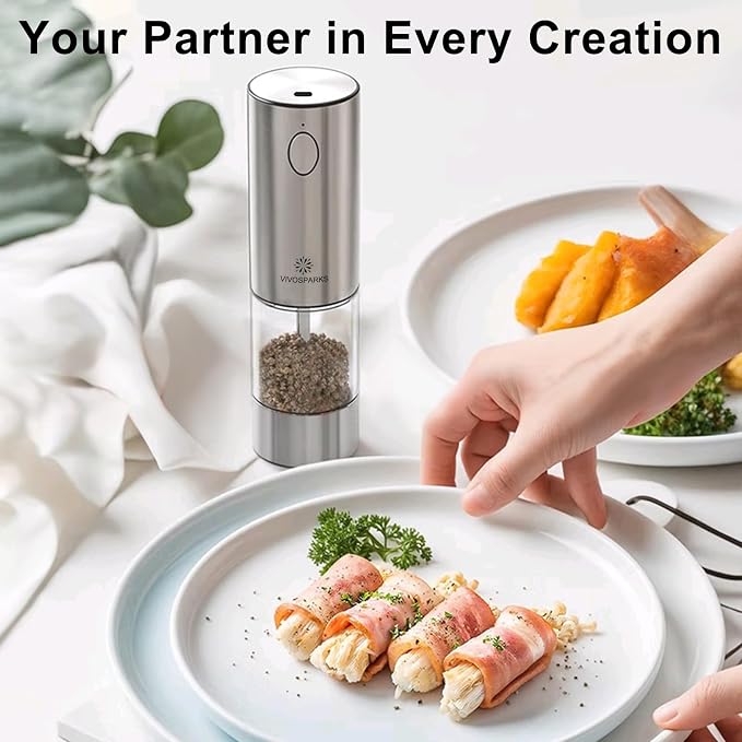 Electric Salt and Pepper Grinder Set, Rechargeable Automatic, Adjustable | USB-C rechargeable, one-hand automatic grinding, 6 coarseness levels, top-fill 3.2oz, storage base, stainless steel, LED