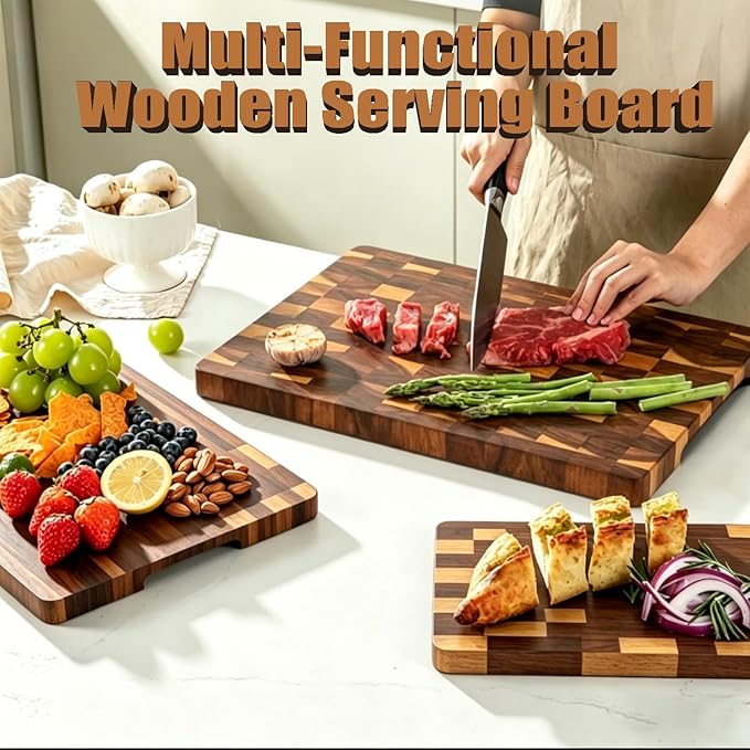 Premium 3-Piece End-Grain Cutting Board Set, Wooden Cutting Boards for Kitchen, Reversible Chopping Board, Built-In Handles, Knife-Friendly,Durable Butcher Block for Kitchen Prep & Charcuterie Serving