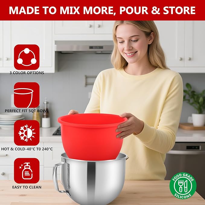 Silicone Bowl Liner for KitchenAid Tilt-Head 5QT Mixers - 3 Liners & 3 Lids Included, Leak-Proof Sealing Design, Easy-to-Replace Food-Grade Silicone Bowls (Not for Bowl-Lift Models)