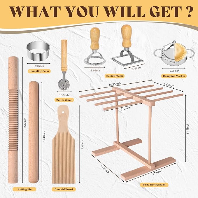 Pasta Making Tools, 9 PCS Wood Pasta Making Kit with Pasta Drying Rack, Pasta Roller, Gnocchi Board, Ravioli Cutter Pasta Making Accessories