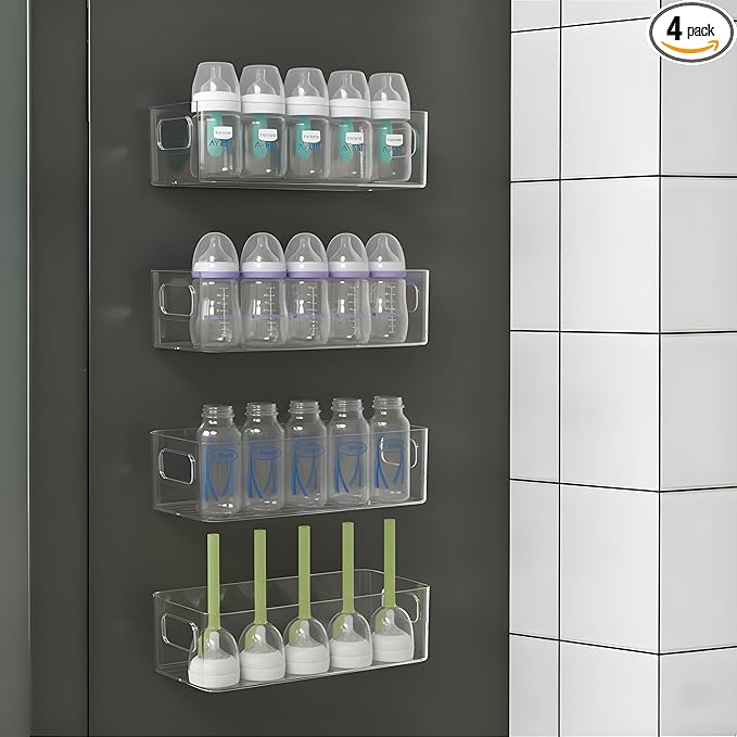MGY 4Pack Clear Magnetic Baby Bottle Organizer for Refrigerator, Space-Saving Storage for Baby Bottles,Bottle Organizer for kitchen