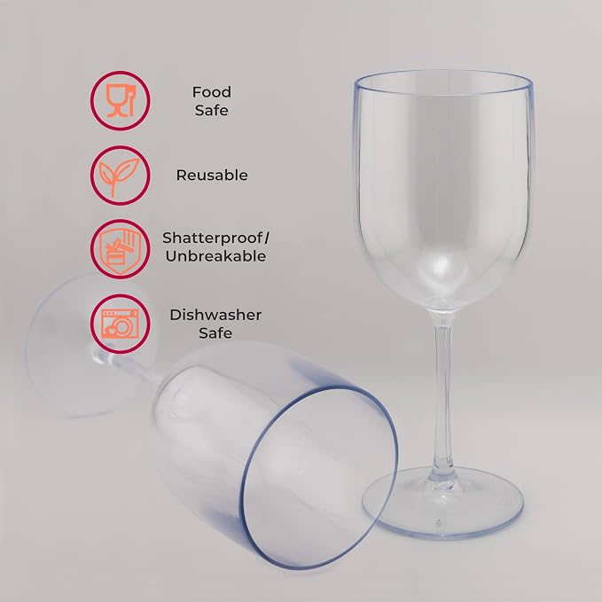 FOX & GRAPES Plastic Stemmed Wine Glasses | Unbreakable/Shatterproof, Reusable, Food Safe, Dishwasher Safe, For Birthday and Party, 16oz (Clear, Set of 20)
