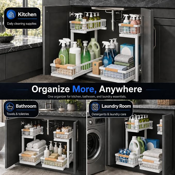 𝐆ee𝐁om Under Sink Organizer, Pull Out Kitchen Storage Cabinet Organizer, 2-Tier Metal Slide Out Shelf for Bathroom Laundry Kitchen Storage with Drawers, 11.8"W x 15.9"D x 13.8-16.9"H, White, 2 Pack