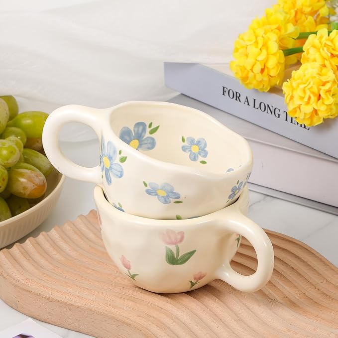 4 Styles Cute Spring Ceramic Flower Coffee Mug Set 8.5 oz Vintage Aesthetic Porcelain Floral Tea Coffee Cup with Handle Dishwasher Microwave Safe for Mother's Day Easter Gift for Women