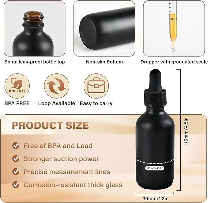 NOOEEISS 12 Pcs, 2oz Dropper Bottle, Black Glass Eye Dropper Bottle, Tincture Bottles with Dropper, Pretty Finish, Leak-Proof Design, Stronger Suction for All Kinds of Mixed Liquids
