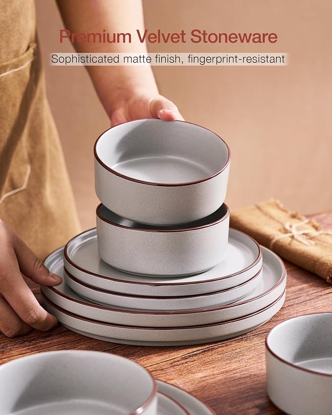 Famiware Nebula Ridge Stoneware Dinnerware Sets for 8, 24 Pieces Plates and Bowls Sets, Dishes Set, Microwave and Dishwasher Safe Kitchen Plates, Light Gray