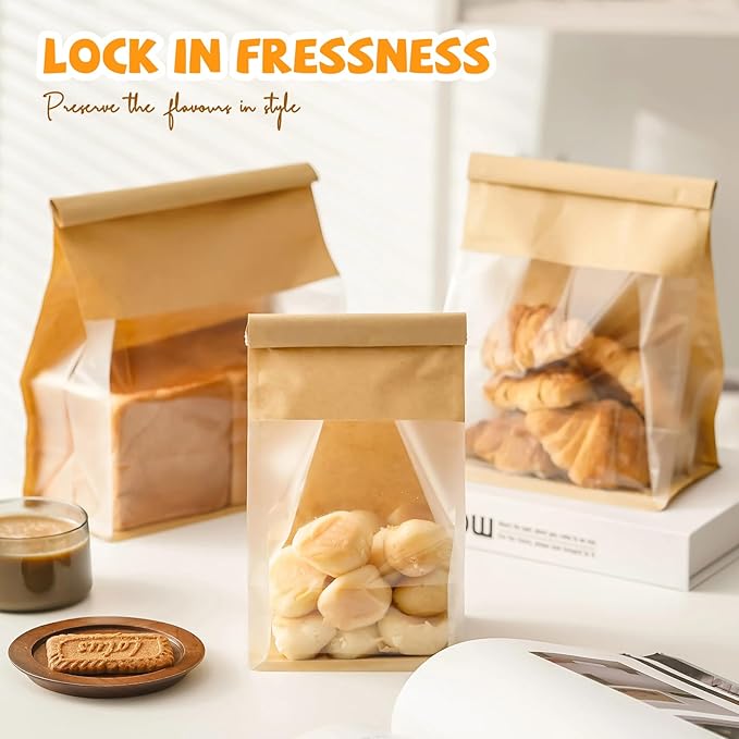 100 Pack Bread Bags with Tabs for Homemade Sourdough Bread, 8.7x4.3x11 Inches Tin Tie Tab Lock Large Paper Bakery Packaging Bags with Window for Gifting & Bake Sale | Thick Material, Grease Resistant, Self Standing