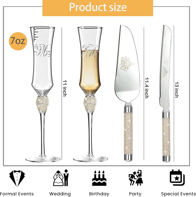 Wedding Cake Knife and Server Set, Mr and Mrs Champagne Flutes Glasses for Bride and Groom Decorated with Colorful Rhinestones, Wedding Gifts for Newly Engaged Couple (Silver)