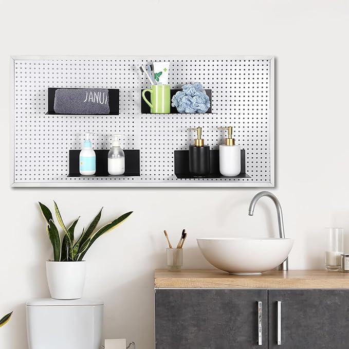Kokone 6 Pack Magnetic Pegboard Shelves for Storing or Displaying, 10x4.3 Inch Flat Display Shelves for Pegboard, Wall Pegboard Shelves Accessories Steel Tray for Garage Workshop Craft Room Organizer