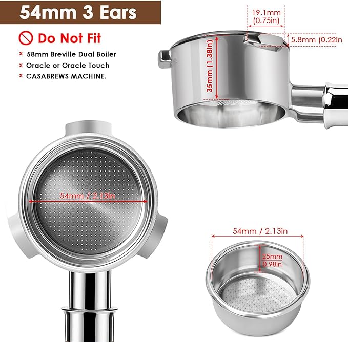 54mm Bottomless Portafilter for Breville BES870/878/880 | Barista Express/Pro/Touch | 304 Stainless Steel & Ebony Handle | Includes 18g Filter Basket